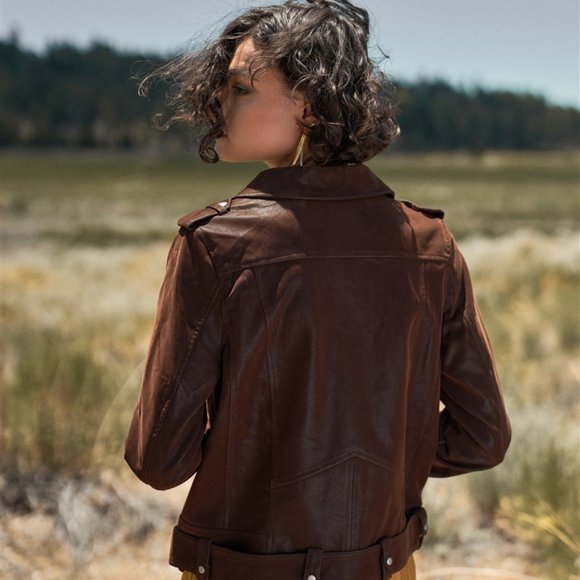 Brown Faux Suede Edgy Belted Hem Biker Jacket - Picture 2 of 5